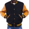 Varsity Letterman Jacket Black Wool Body Bright Gold Leather Sleeves inspired by Varsitybase