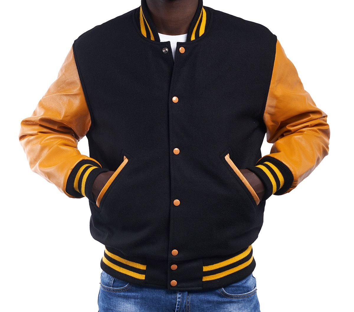 Varsity Jacket with Black Wool Body & Bright Gold Leather Sleeves ...