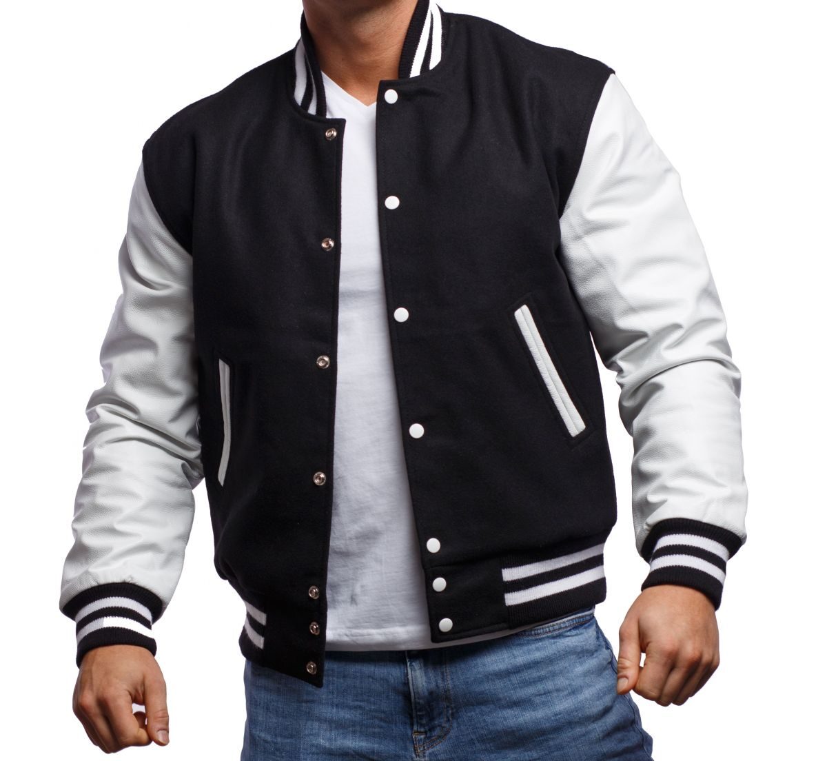 Varsity Letterman Jacket with Black Wool Body & Bright White Leather ...
