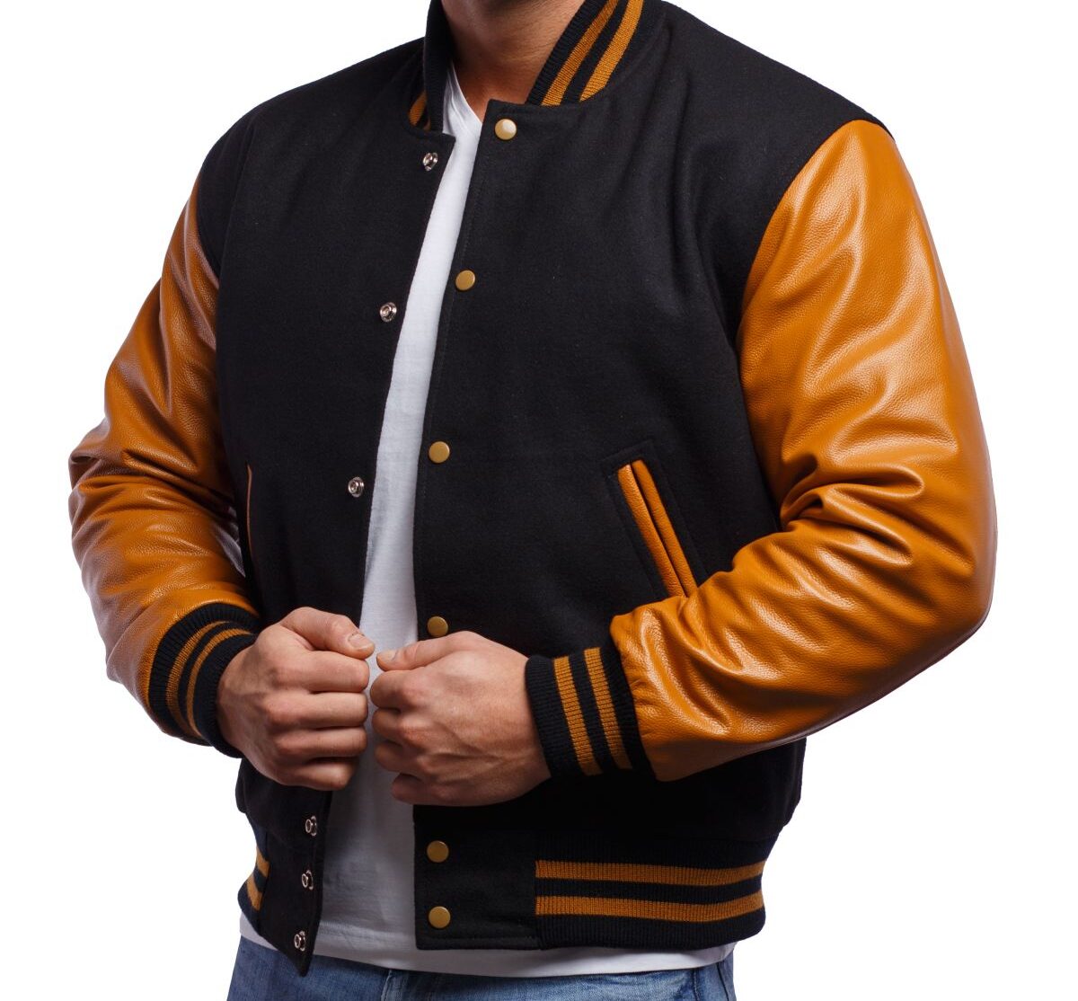 Varsity Letterman Jacket with Black Wool Body & Old Gold Leather ...