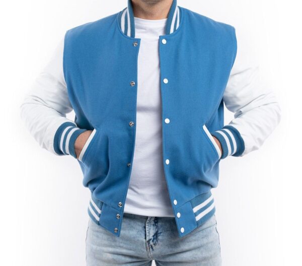 Varsity Letterman Jacket Light Blue Wool Body Bright White Leather Sleeves