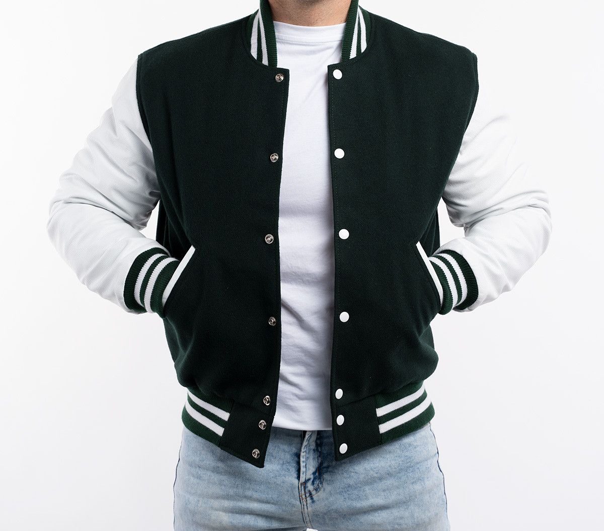 Kelly Green Wool Body & Bright White Leather Sleeves Letterman Jacket