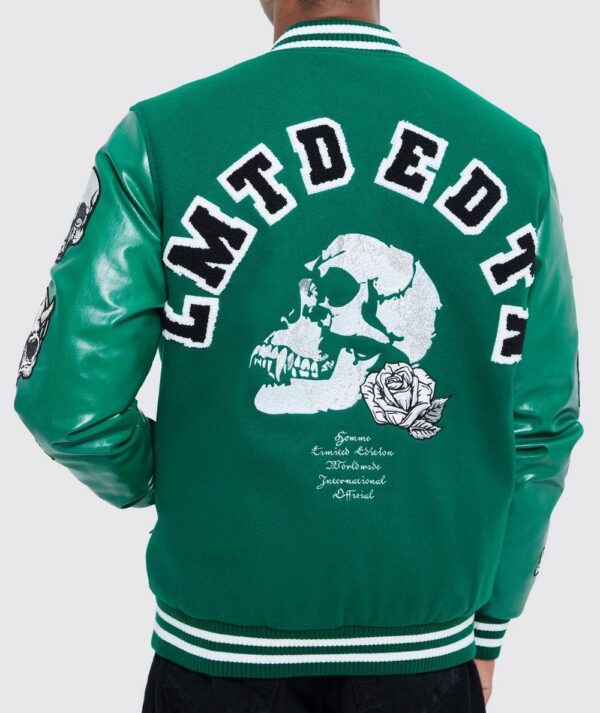 Limited Edition Skull Varsity Jacket Green Woll Body with Green Leather ...