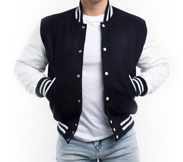 Varsity Jacket with Navy Blue Wool Body & Bright White Leather Sleeves ...