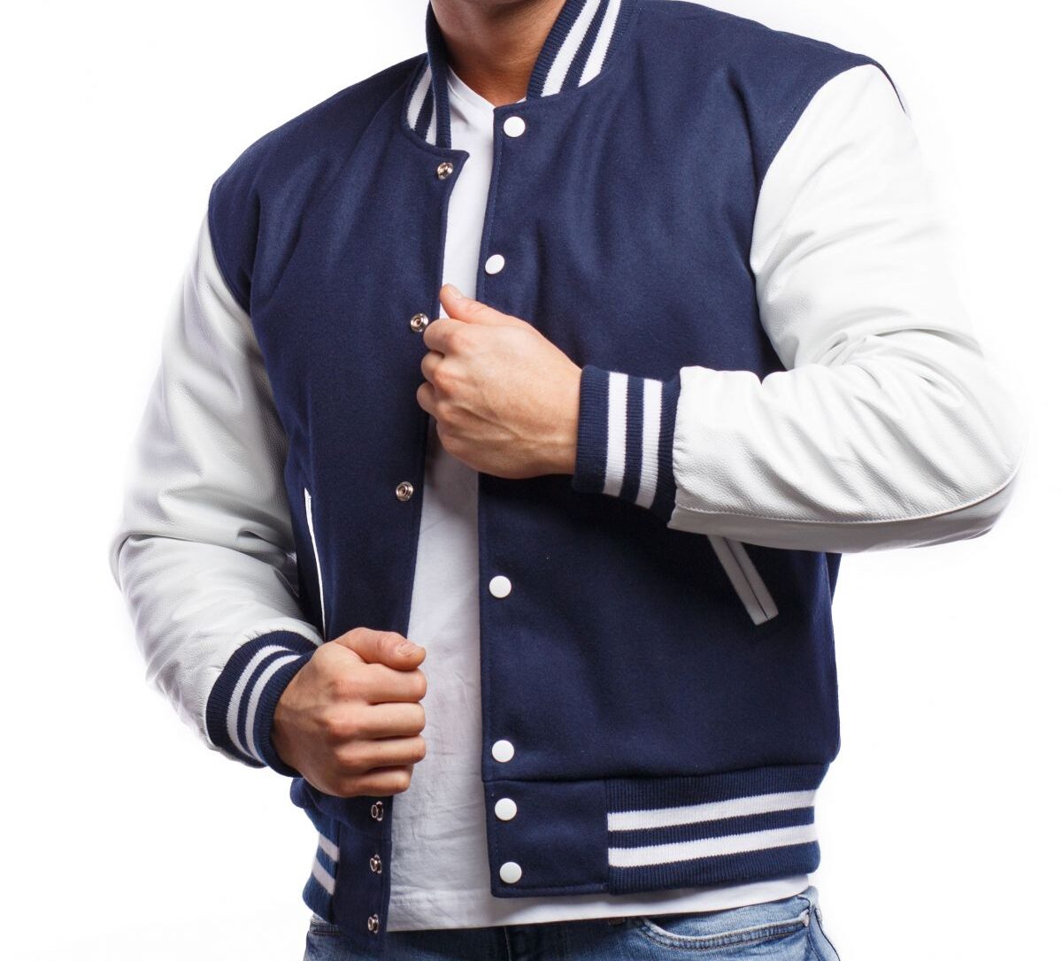 Varsity Jacket with Royal Blue Wool Body & Bright White Leather Sleeves ...