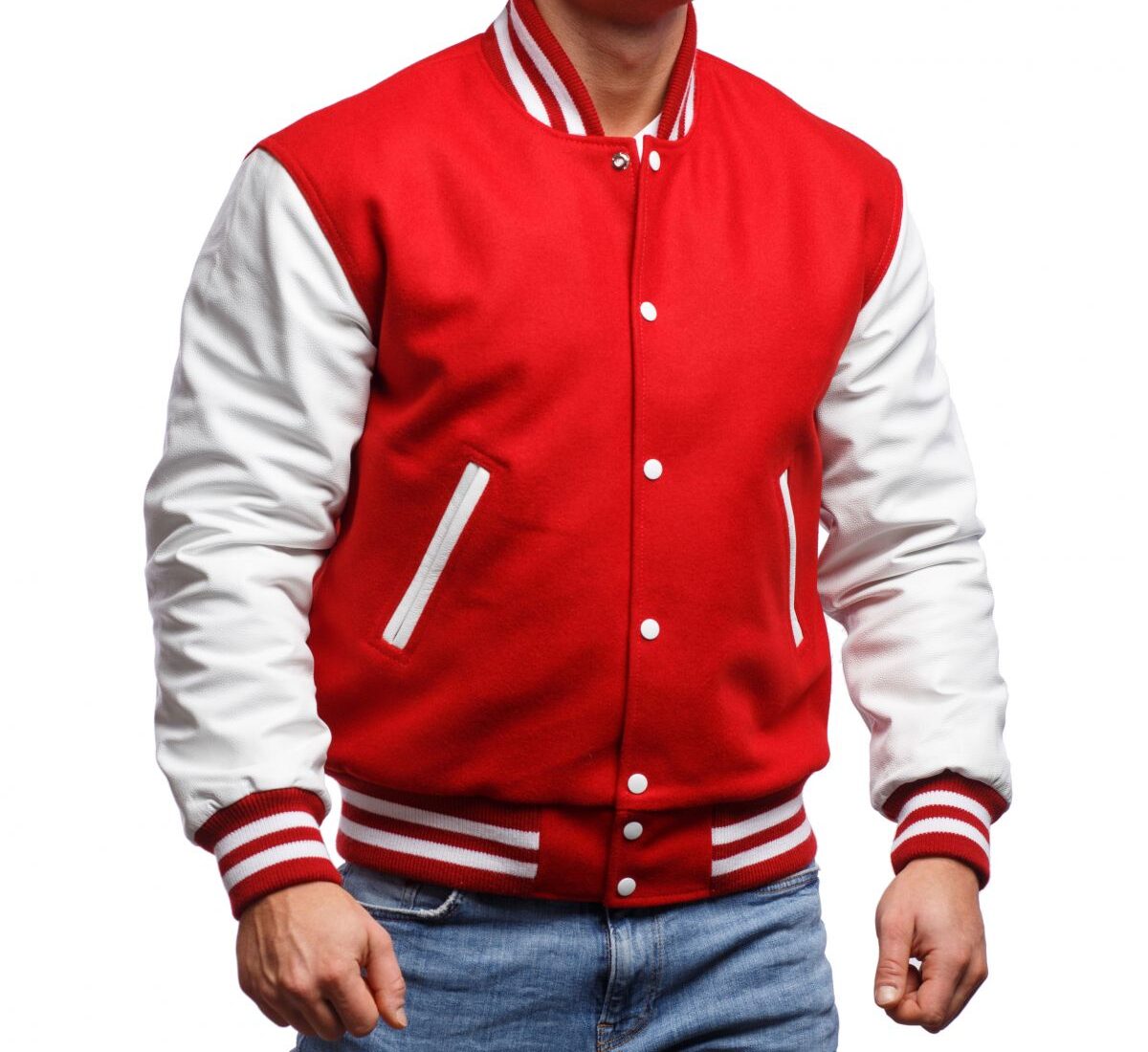 Varsity Letterman Jacket with Scarlet Wool Body & Bright White Leather ...