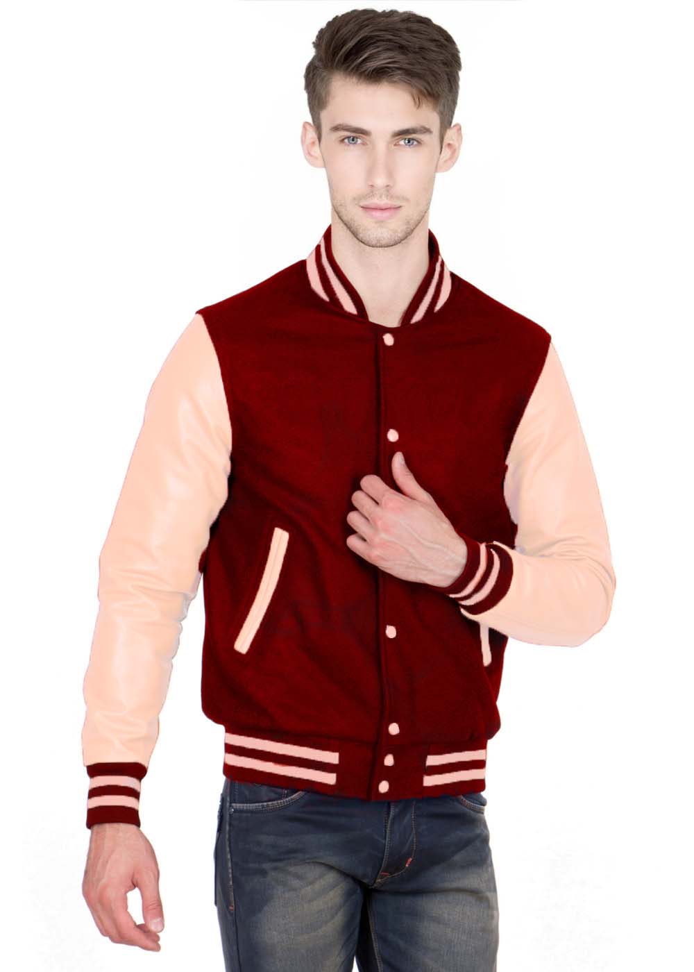 Varsity Jacket with Red Wool Body & Peach Puff Leather Sleeves ...