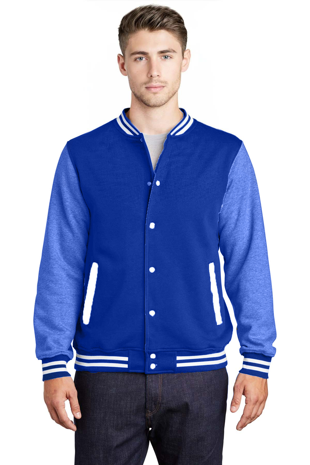 Varsity Jacket with Denim Dark Blue Wool Body & Silk Blue Leather ...