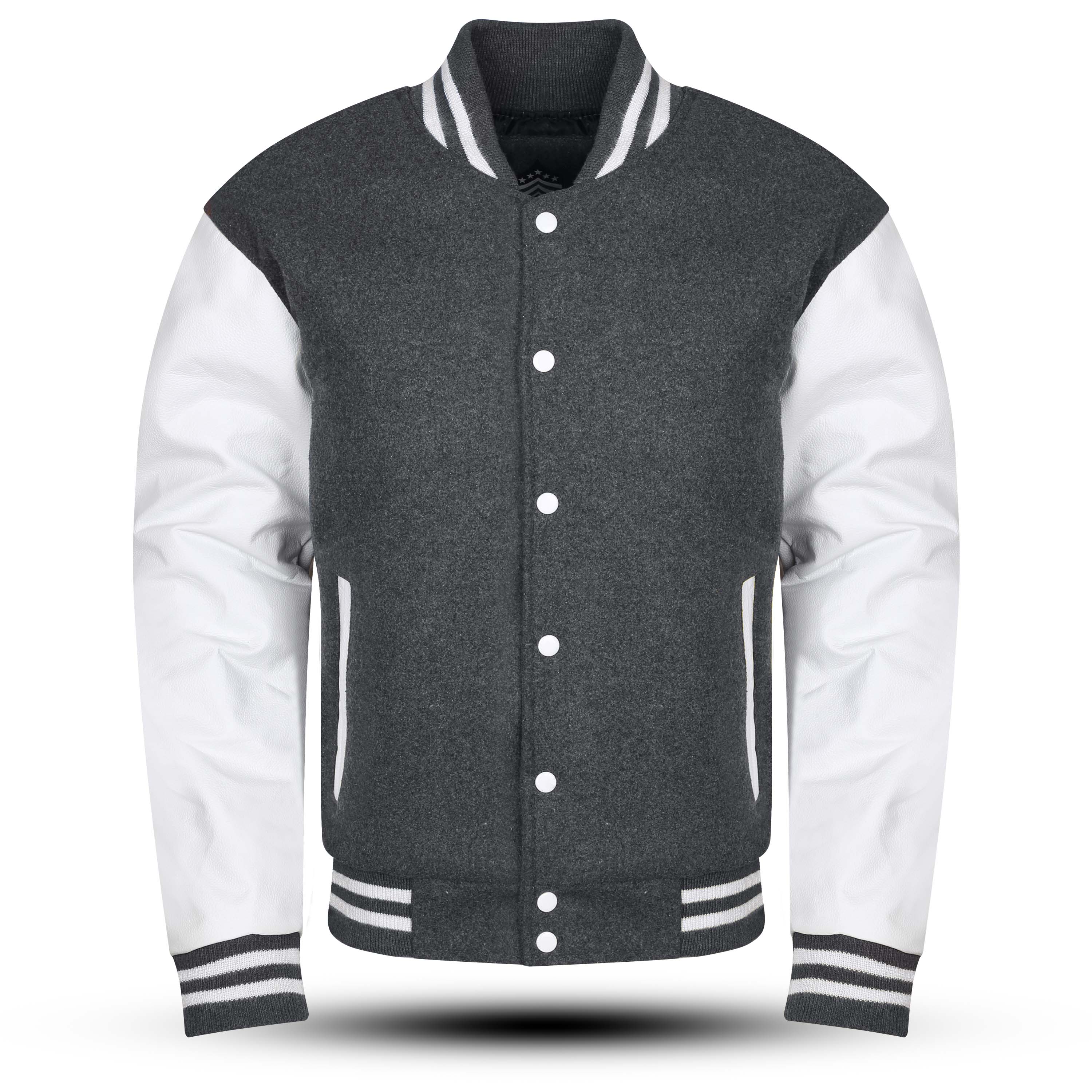 Varsity Jacket with Gray Wool Body and White Leather Sleeves Letterman ...