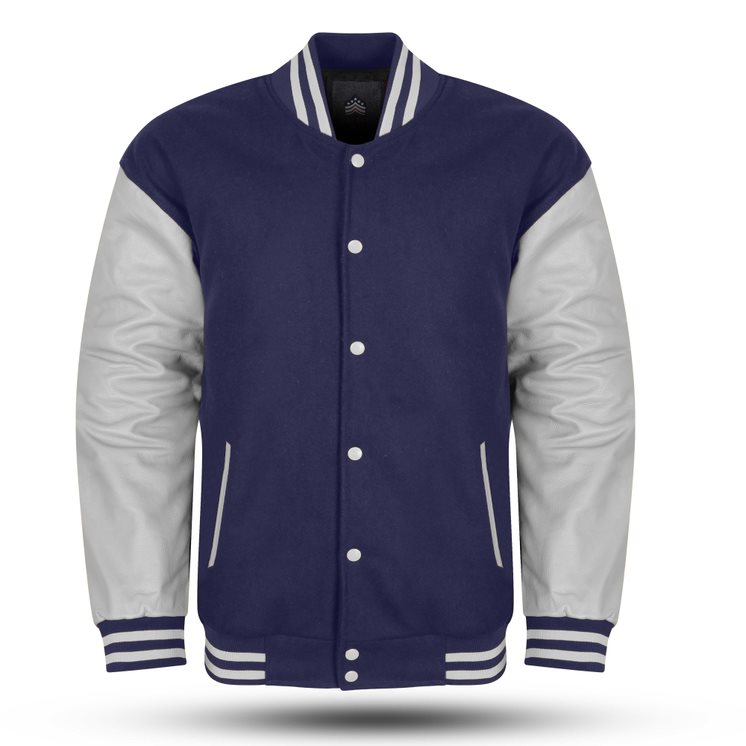 Varsity Jacket with Navy Blue Wool Body and White Leather Sleeves ...