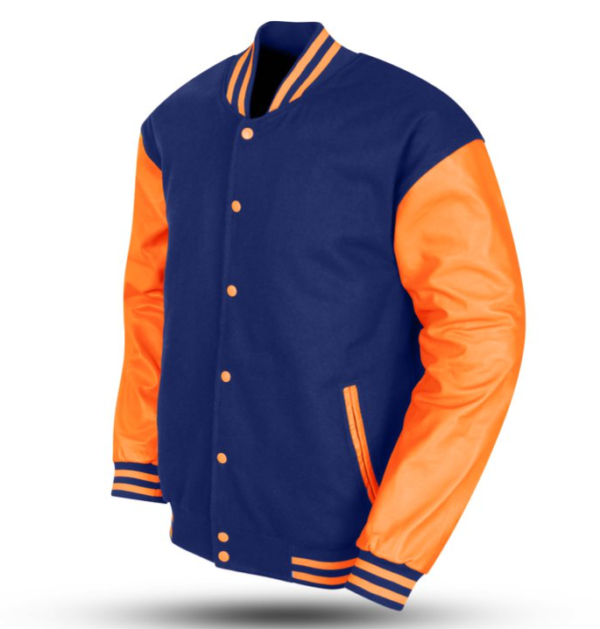 Varsity Jacket with Royal Blue Wool Body and Orange Leather Sleeves Letterman Jacket SIDE