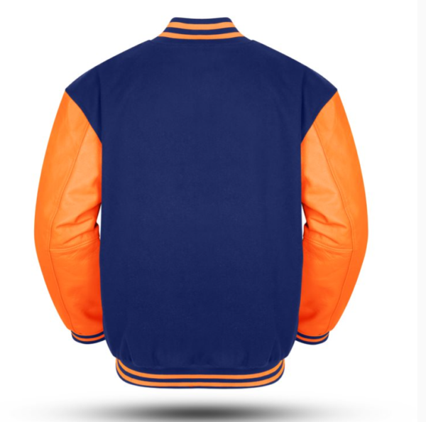 Varsity Jacket with Royal Blue Wool Body and Orange Leather Sleeves Letterman Jacket back