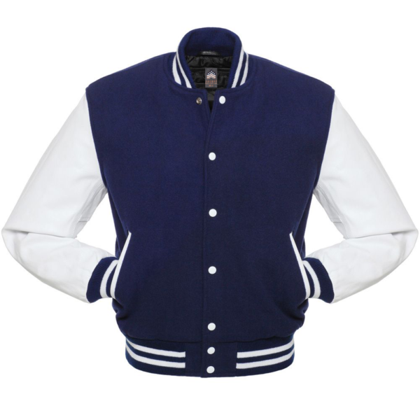 Varsity Letterman Jacket: Royal Blue Wool Body White Leather Sleeves