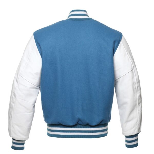 Light Blue Wool Body White Leather Sleeves Varsity Letterman Jacket back