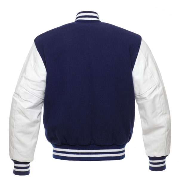 Varsity Letterman Jacket: Royal Blue Wool Body White Leather Sleeves back