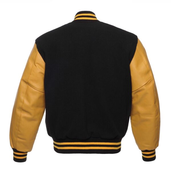 Letterman Jacket Black Wool Body Gold Leather Sleeves Varsity Jacket