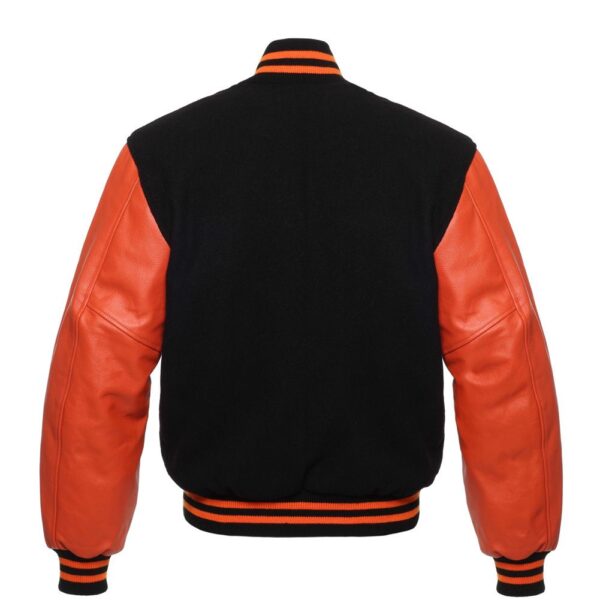 Letterman Jacket Black Wool Body Orange Leather Sleeves Varsity Jacket